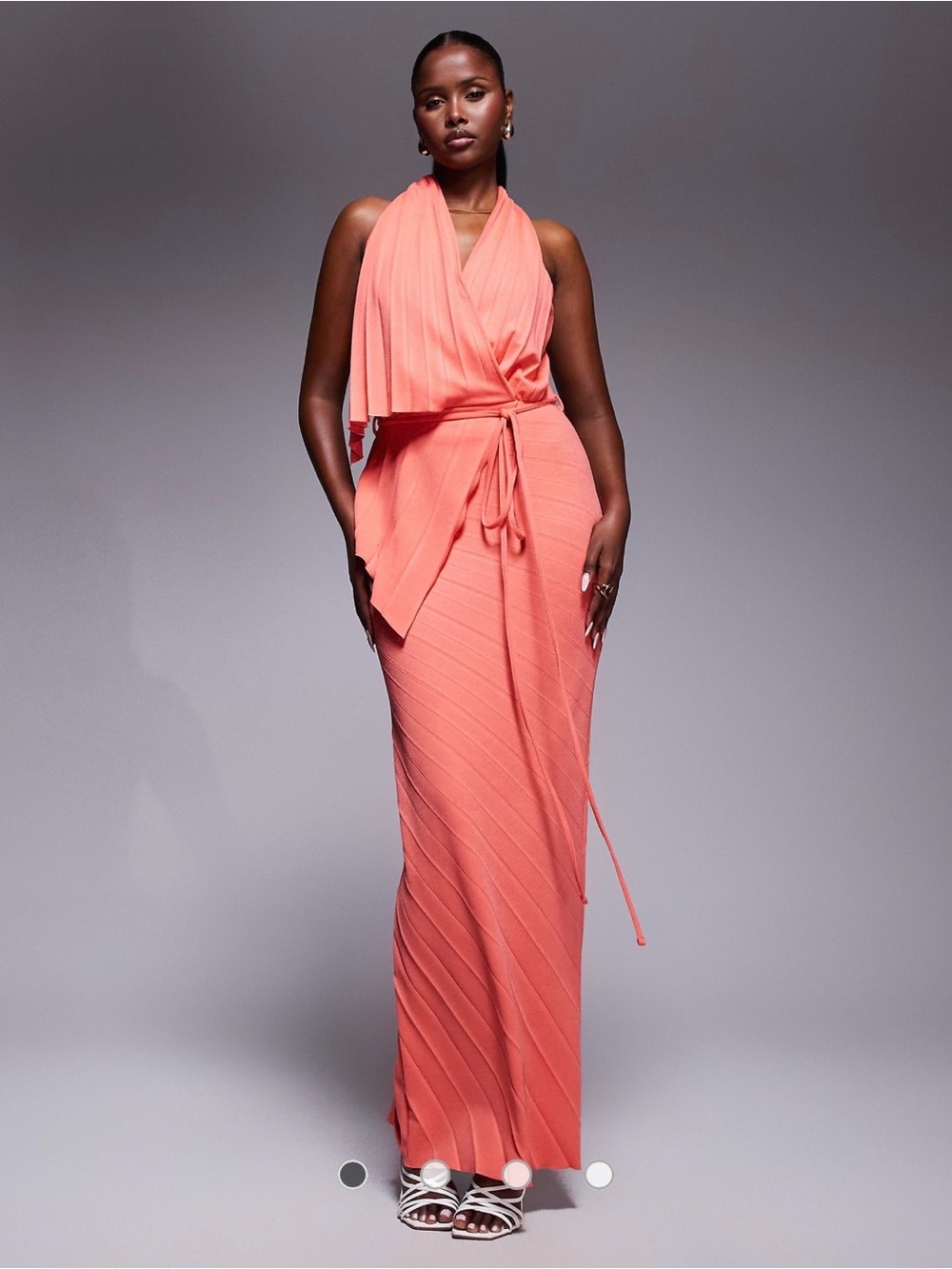 ASOS DESIGN pleated plunge maxi dress with asymmetric wrap detail in coral